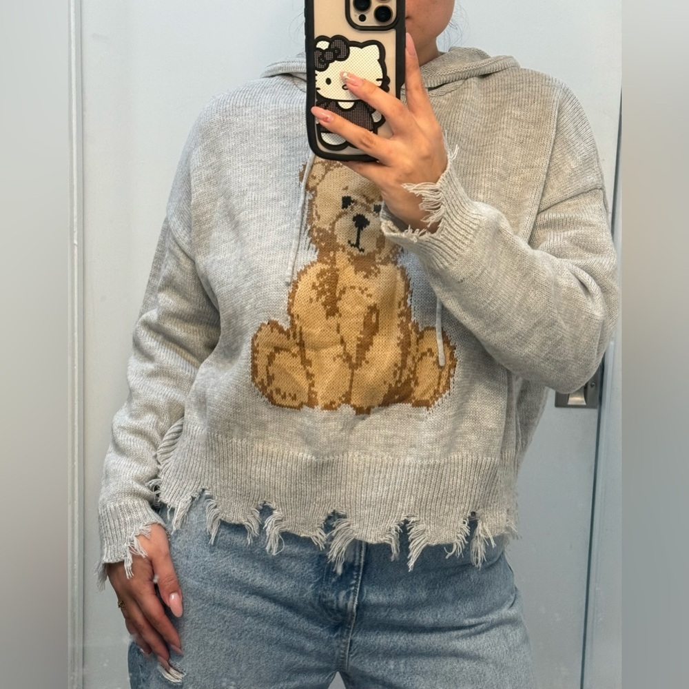 Gray Teddy Bear Frayed Hem Hoodie